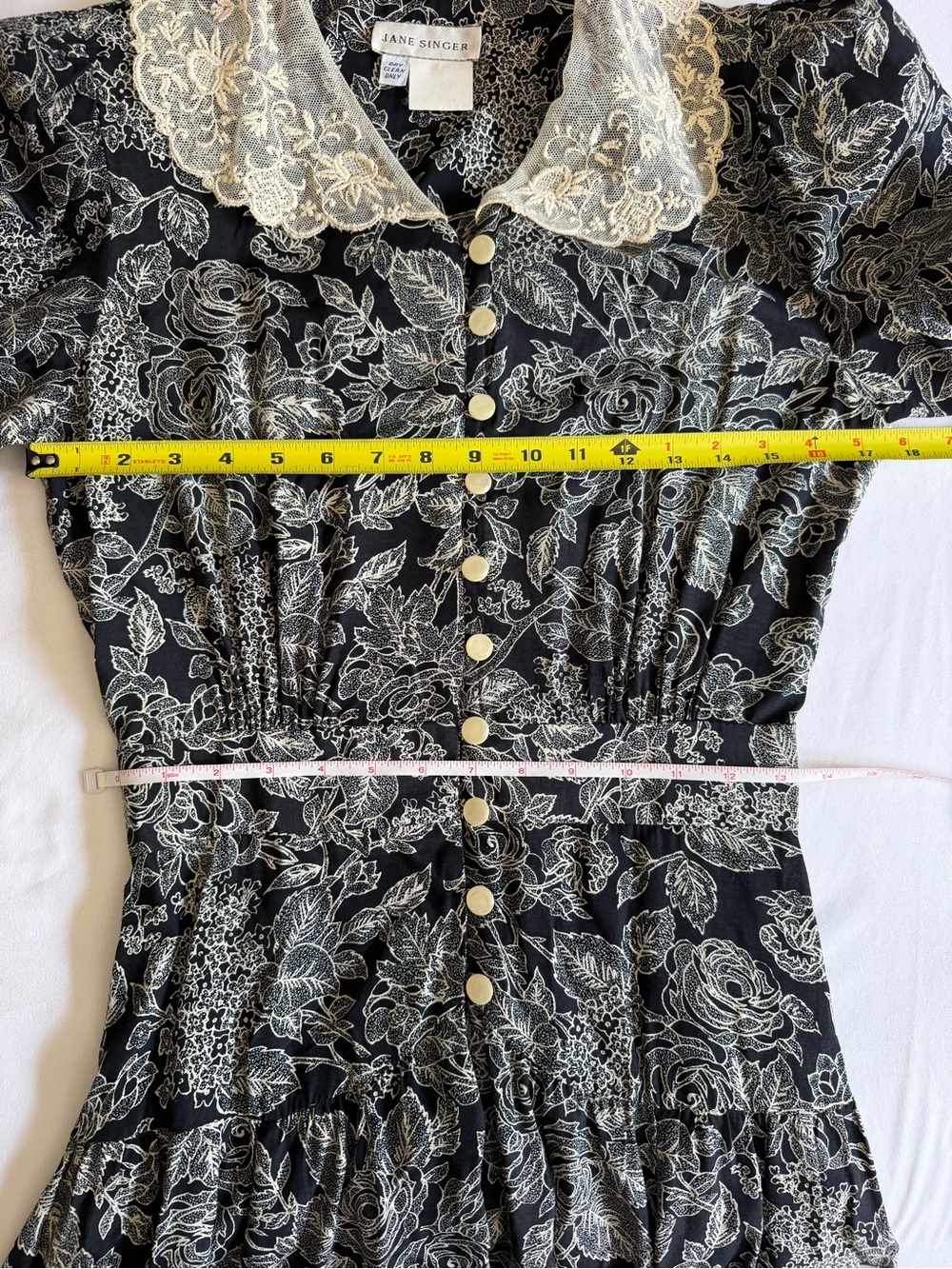 Vintage Jane Singer Black Cream Floral Cottagecore Button Front Midi Dress - Picture 13 of 14